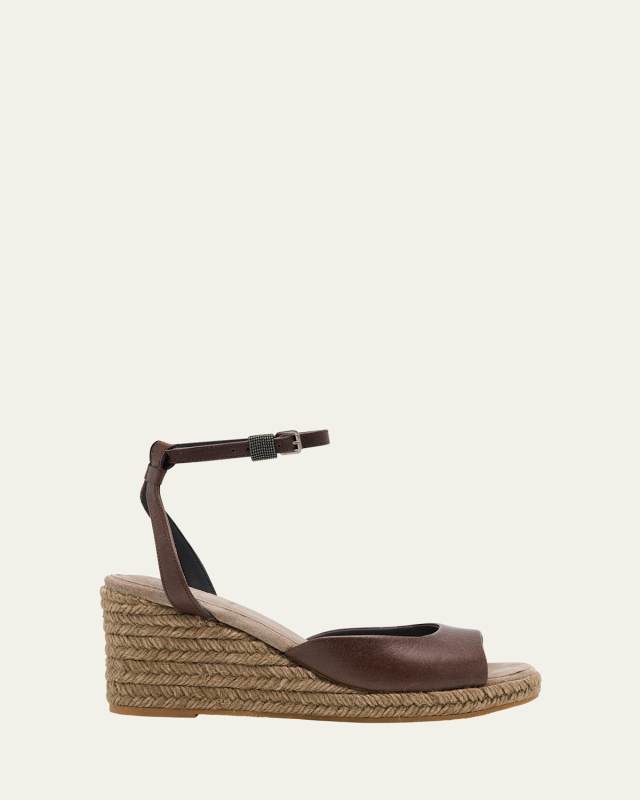 Leather Monili Buckle Wedge Espadrilles